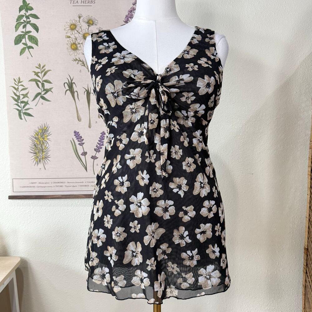 Y2k Floral Mesh Tie Front Babydoll Tank Top Whimsigoth Dark Fairy Hippie Boho L
